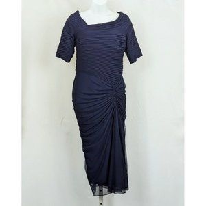 Tadashi Shoji Dress Navy Blue Asymmetric Ruched Midi Nylon Blend Misses Size M